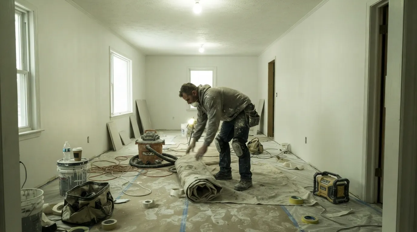 Drywall worker rolling up a drop cloth in a freshly primed, empty room