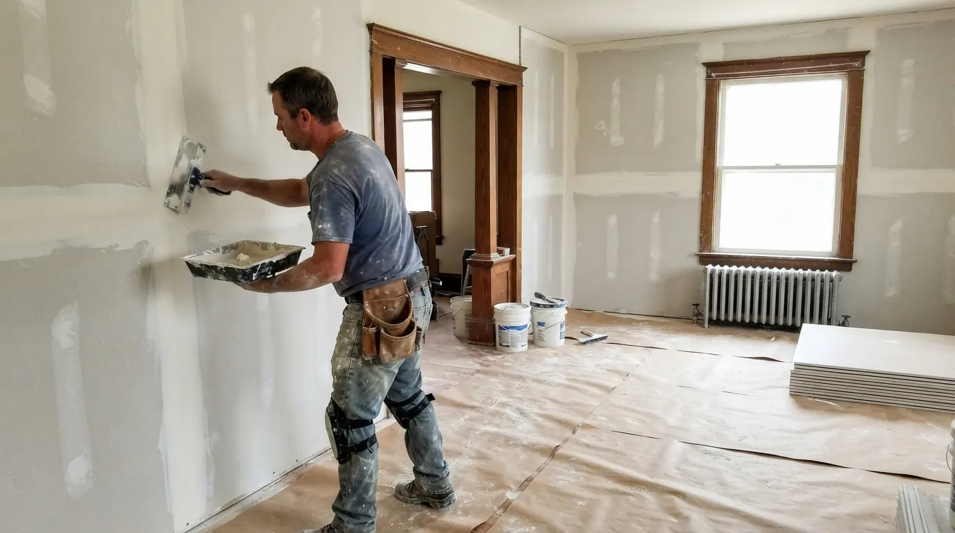 Drywall finisher skim-coating a taped wall in an older Akron-area home with original wood trim, the floor covered in paper