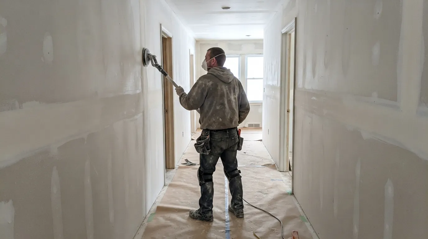 Drywall finisher sanding a taped and first-coated hallway wall with a pole sander