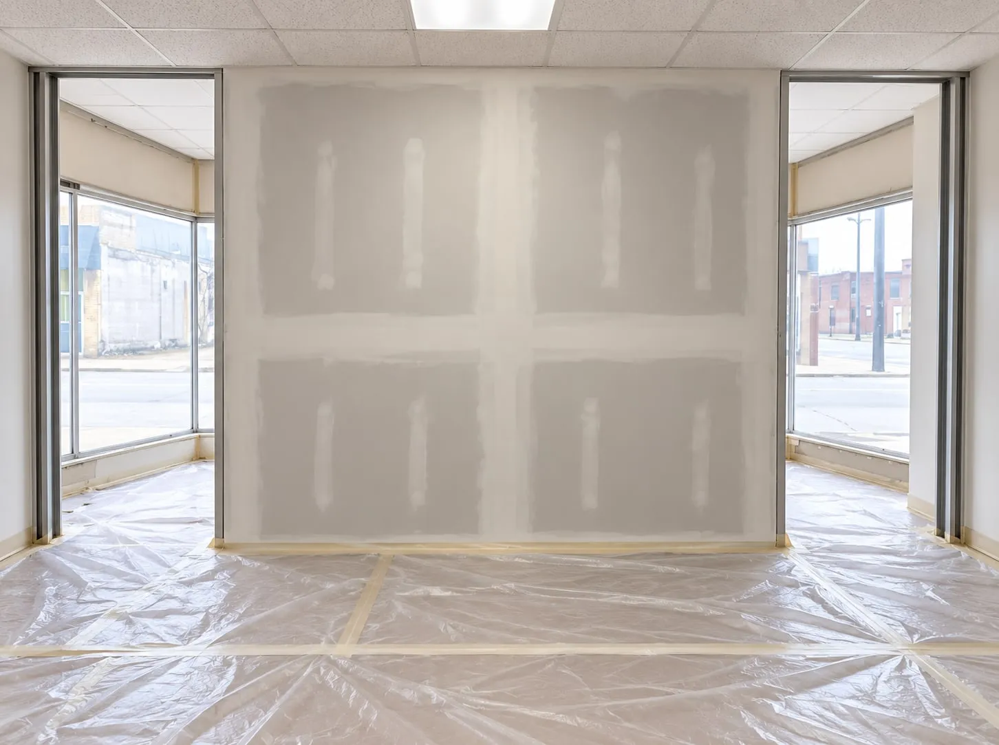 New wall between two retail storefronts, seams taped and first-coated, with storefront windows on either side and the floor covered in plastic