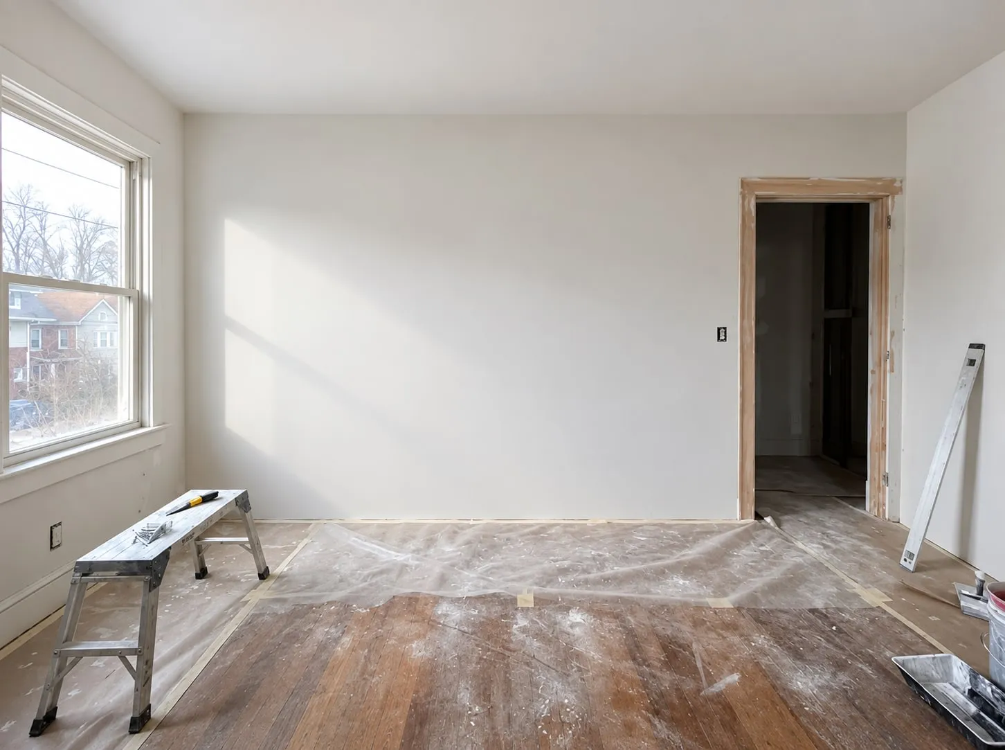 Smooth, evenly finished drywall wall in raking window light, the room still protected with plastic and floor paper