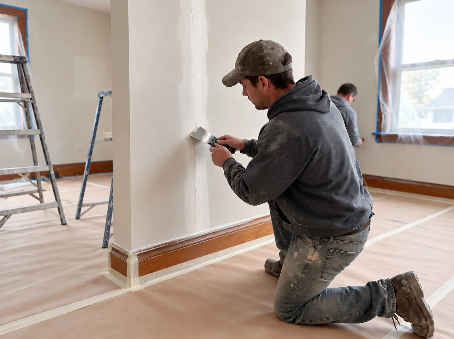 Worker kneeling to fill a long vertical crack in an old plaster wall with a small knife, a second worker patching by the window