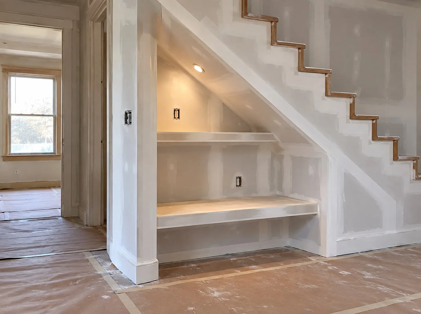 Drywall under a staircase taped and first-coated, with a built-in nook, shelf and bench framed into the space below the stairs