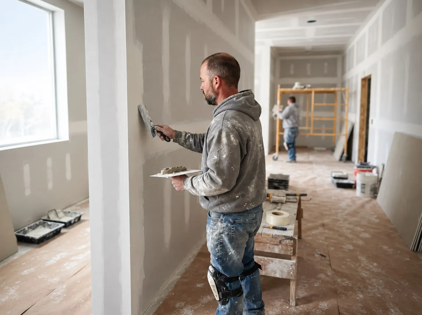 Drywall finisher applying joint compound to a wall seam with a taping knife and hawk, a second crew member on a scaffold down the hallway